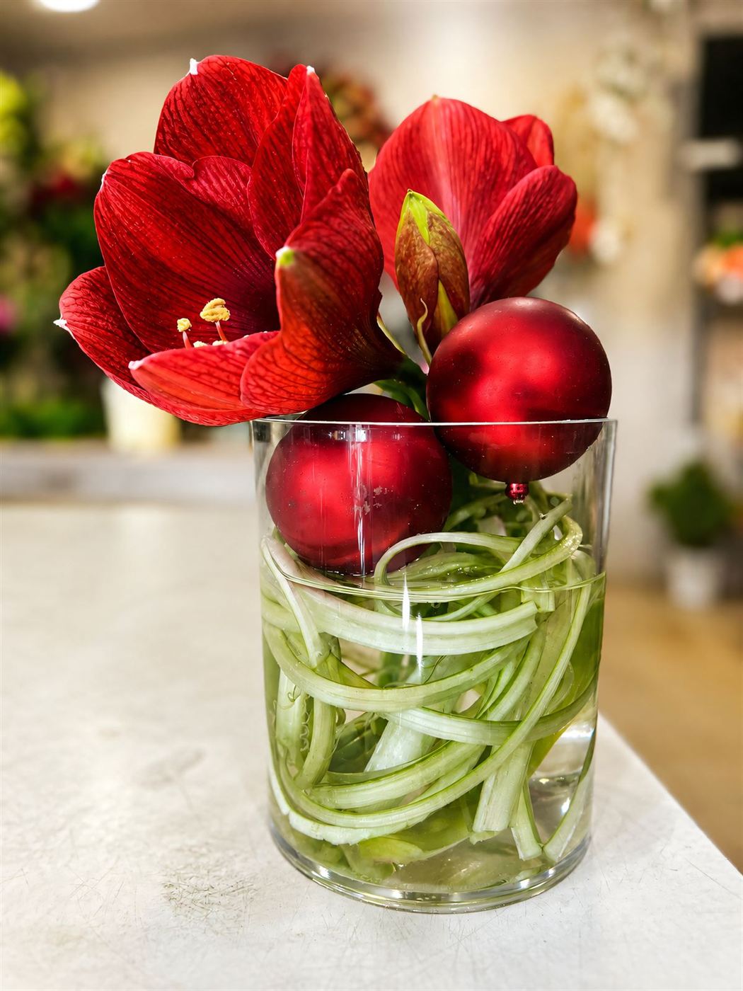 Amaryllis rouges dans vase transparent, composition de Noël avec boules rouges