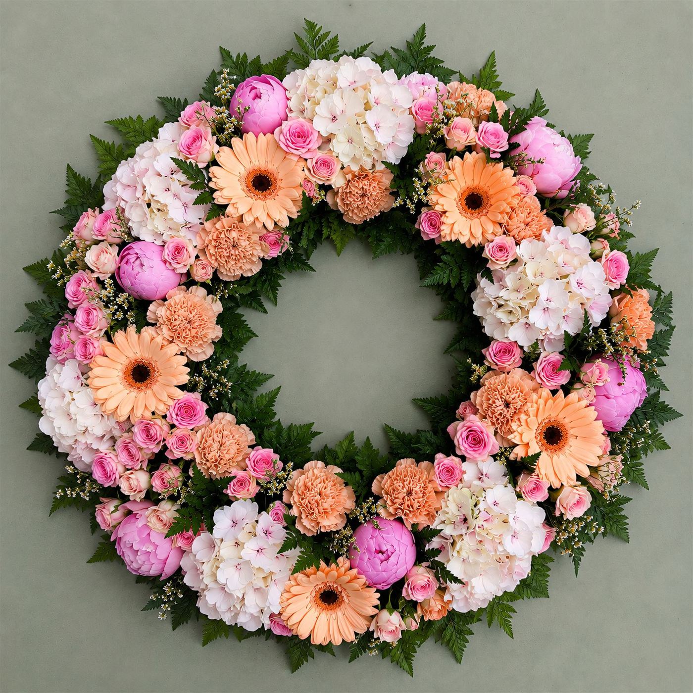 Couronne de fleurs deuil, roses et chrysanthèmes sur base ronde traditionnelle