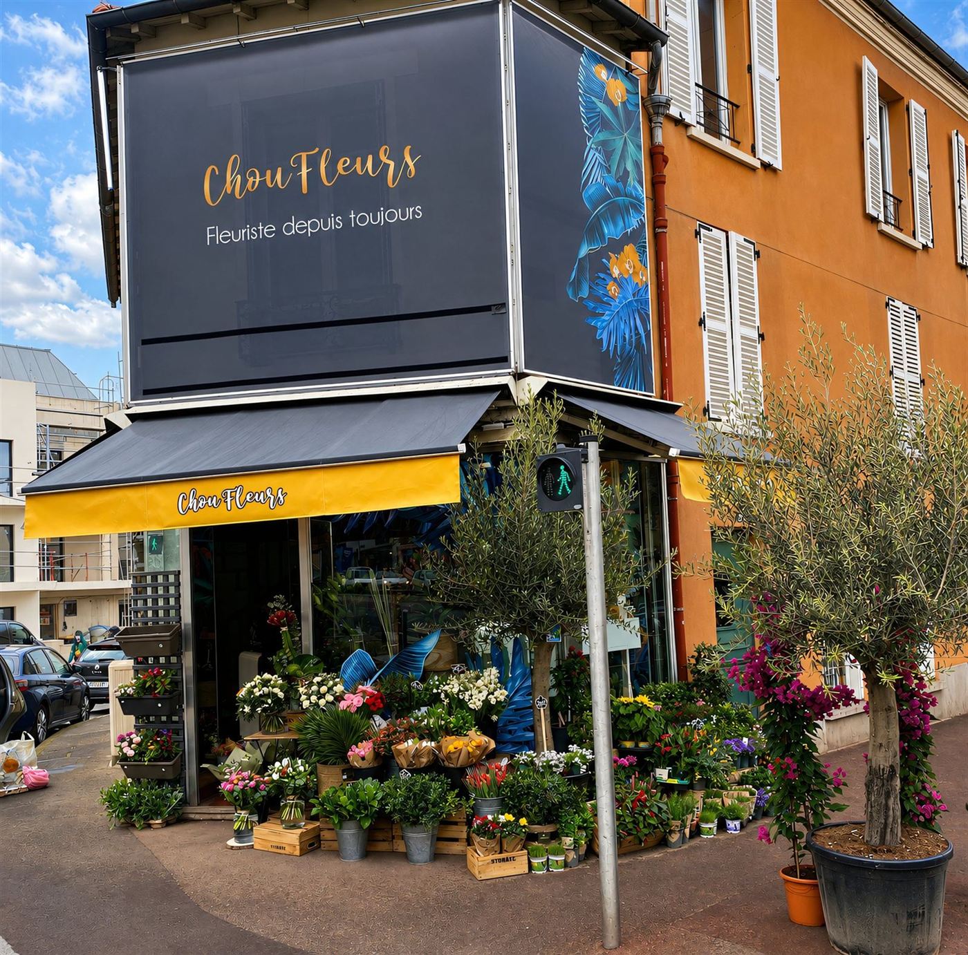 Devanture d'angle fleuriste au Perreux-sur-Marne — oliviers et compositions florales sur trottoir