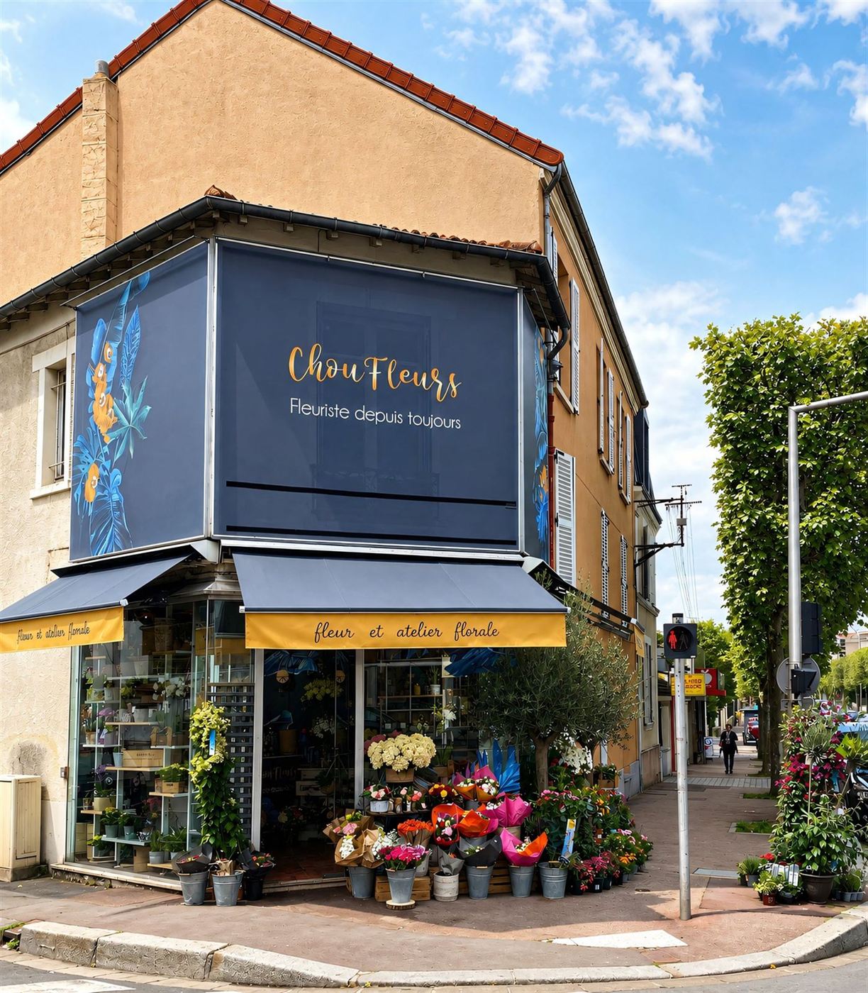 Façade fleuriste au Perreux-sur-Marne, store jaune, étalage de bouquets et plantes