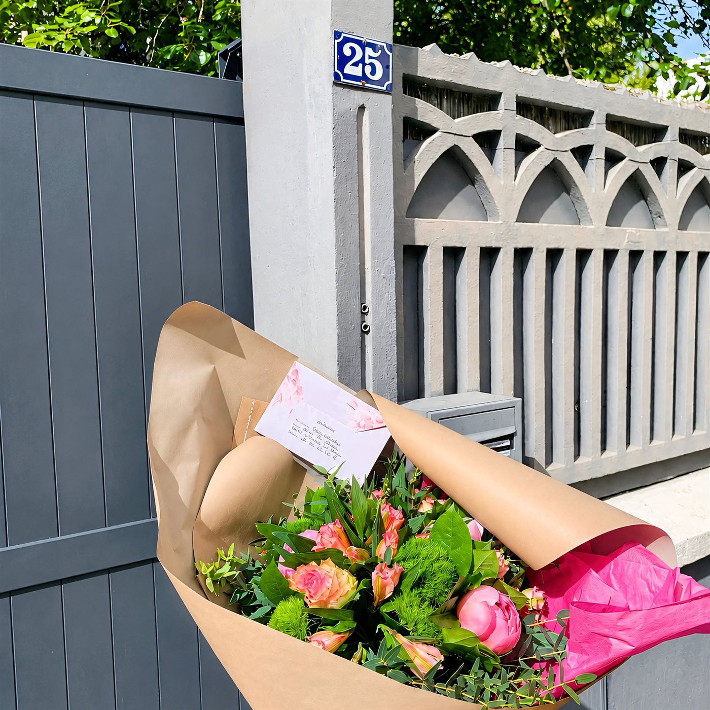 Bouquet emballé kraft déposé à un portail à Chelles, livraison à domicile soignée