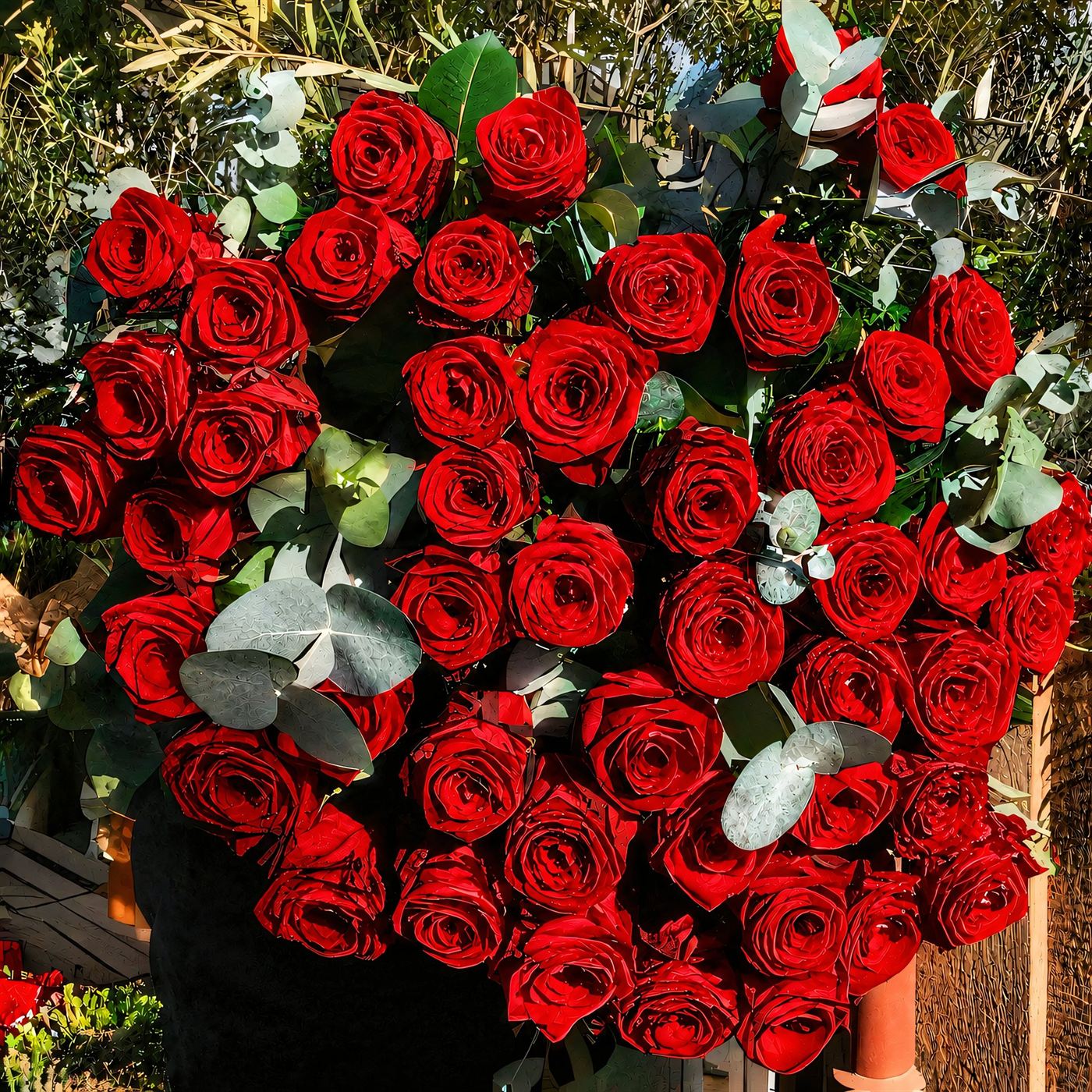 Grand bouquet de roses rouges et eucalyptus argenté, déclaration romantique à Brou-sur-Chantereine