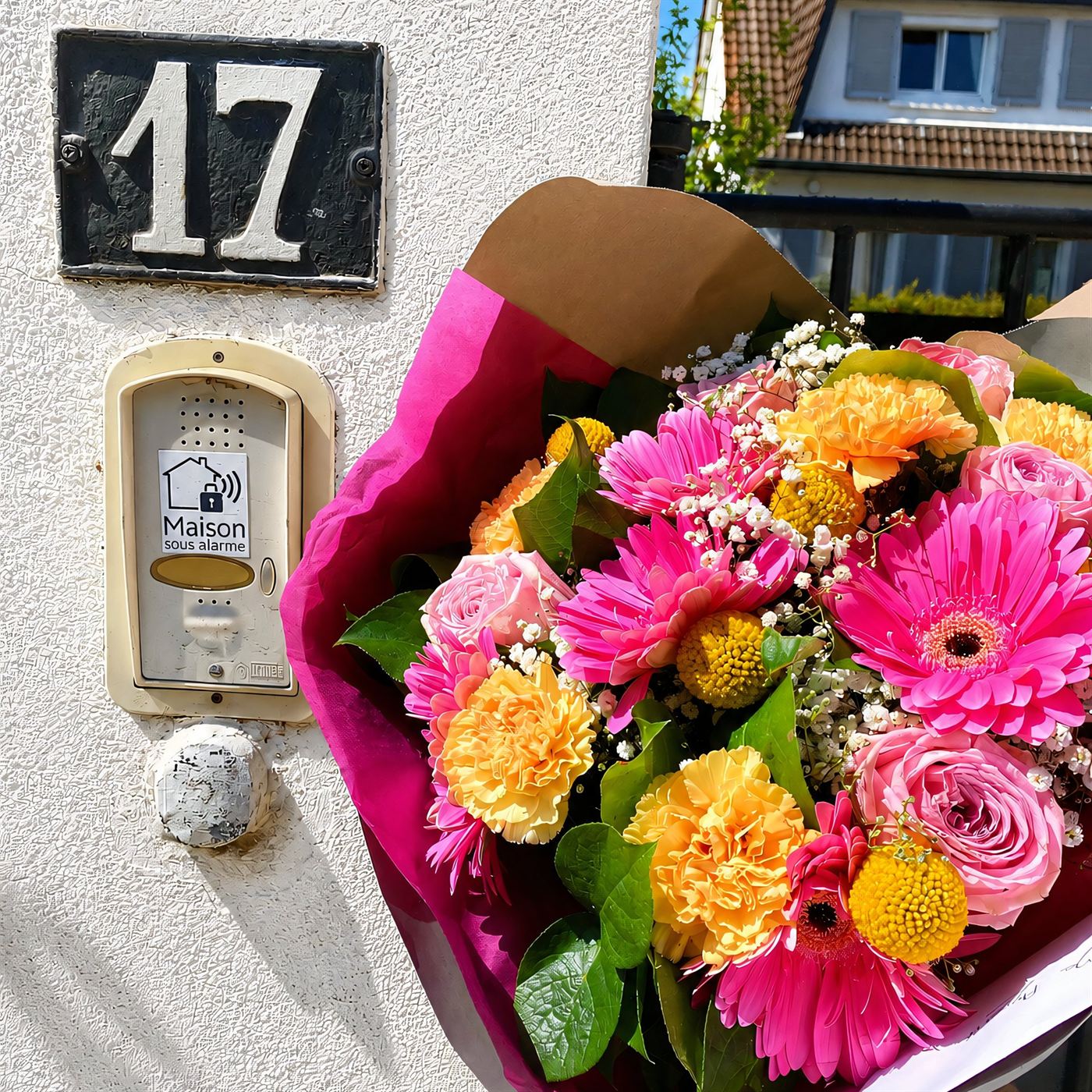 Bouquet coloré déposé devant une porte à Courtry, livraison à domicile soignée