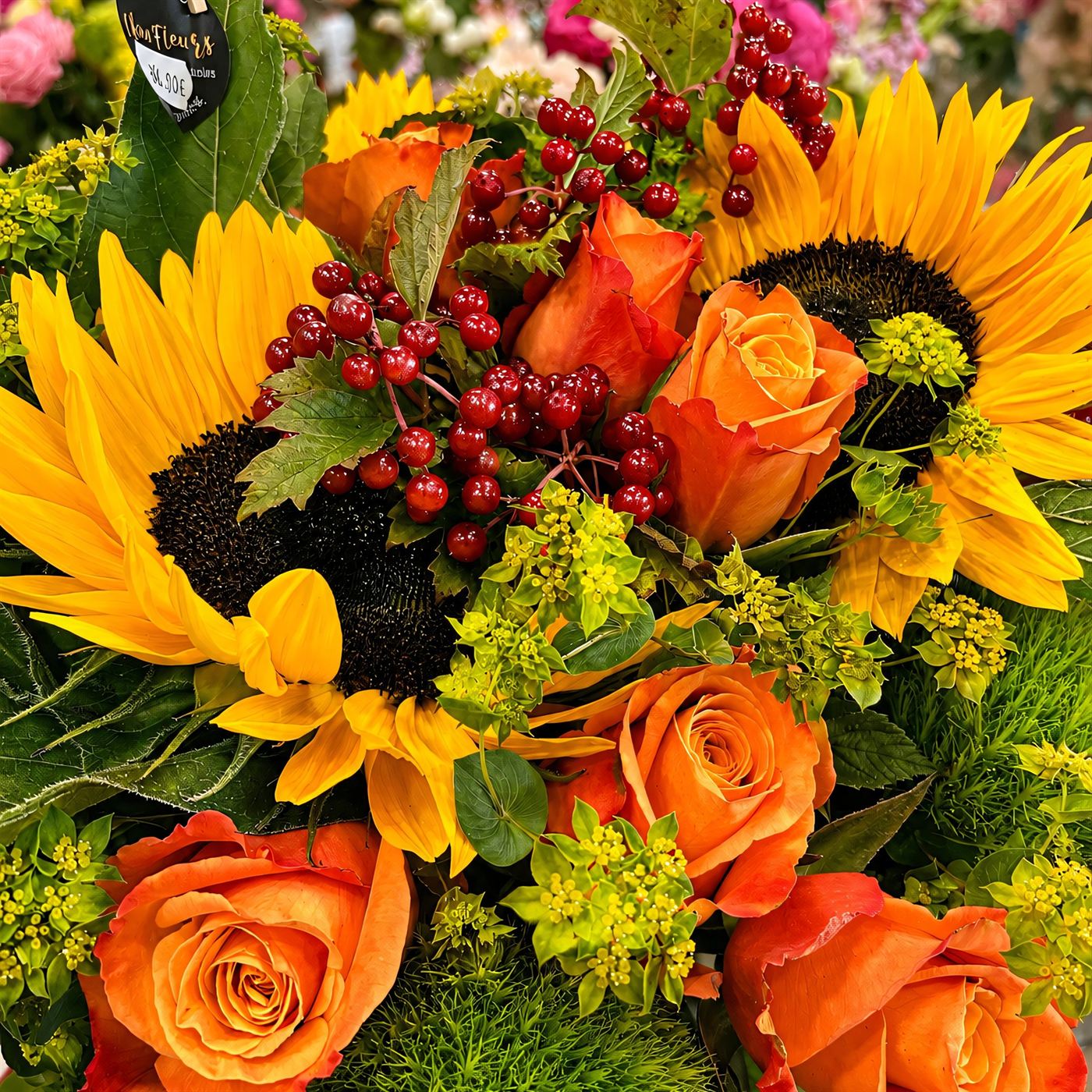 Bouquet de tournesols livré au Perreux-sur-Marne, tournesols, roses orangées, éclat d’été