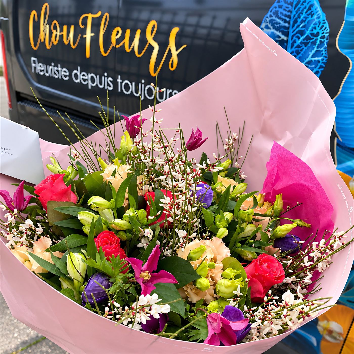 Bouquet signature emballé à la main, livré au Perreux-sur-Marne, roses, gypsophile, kraft rose