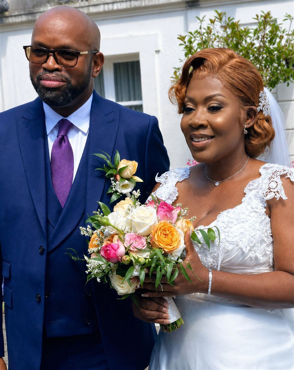 Couple à leur mariage, bouquet coloré de roses, œillets et gerberas